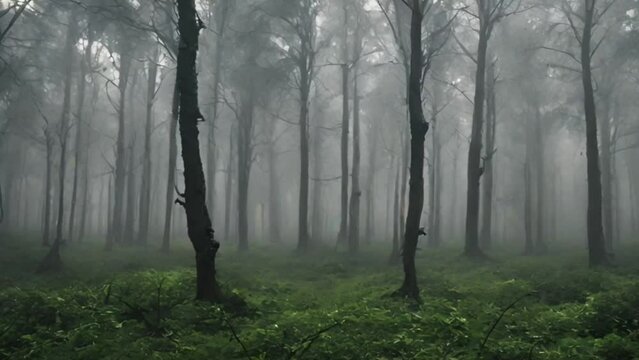 misty morning in the forest, foggy and raining 