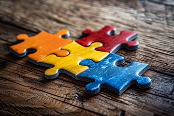 colorful connected puzzle pieces on a wooden desk