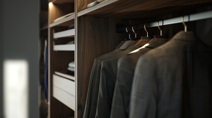 an open closet concept centered around minimalism and functionality, focusing on sleek lines, hidden storage compartments, and a monochromatic color palette High detailed and high resolution