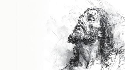 Sketch of Jesus Christ on White Background with Copy Space, Hand Drawn Religious Illustration, Christianity and Faith Concept, Generative AI

