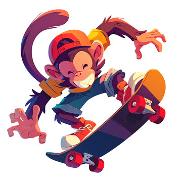 Cute Monkey Playing Skateboard for t-shirts, Children's Books, Stickers, Posters. Vector Illustration PNG Image