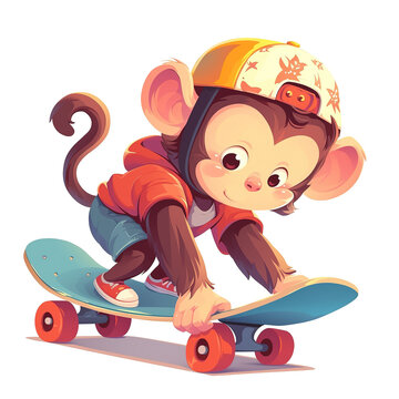 Cute Monkey Playing Skateboard for t-shirts, Children's Books, Stickers, Posters. Vector Illustration PNG Image