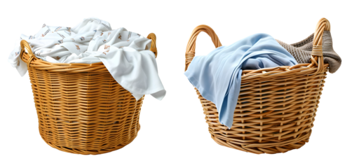 Wicker basket with clean laundry isolated on transparent background