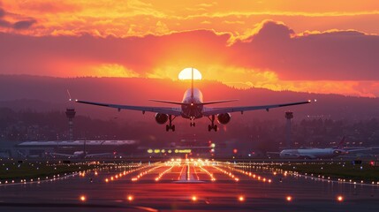 A plane taking off from an airport with beautiful landscape in sunset