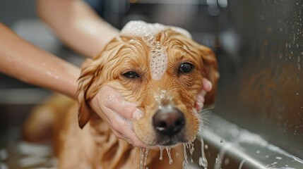 dog bath. Funny wet dog. Girl washes dog in the bath