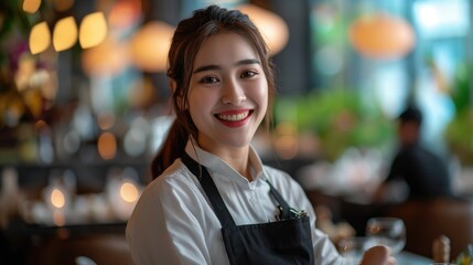 waitress woman in uniform serve and get order in luxury restaurant
