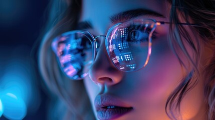 woman wearing high technology glasses with Data line icon on eyeglasses