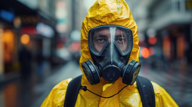 Man wearing bio hazard suits in on city streets due to pollution and contamination