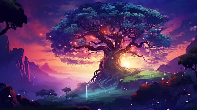 Luminous Sentinel: A towering fantasy tree bathed in ethereal light, its majestic form reaching towards the glowing sky  Seamless looping 4k time-lapse virtual video animation background. Generated AI