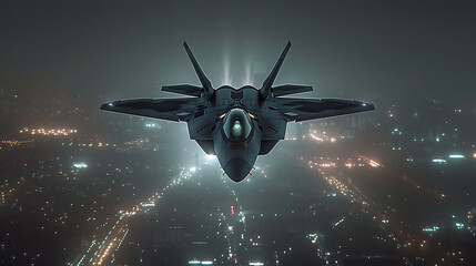 Jet fighter F-22 Raptor flying through the clouds in the night above of city lights