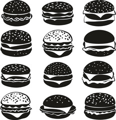Collection of burger outlines, hamburger silhouette assortment, Hamburger shapes depicted as silhouettes, Vector representation of burgers, illustrated in vectors.