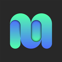 Letter M logo 3d design vibrant blue and green gradient smooth layers, creative typography symbol with overlapping turquoise surfaces and shadows.