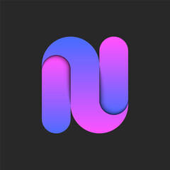 Letter N logo 3d design vibrant blue and green gradient smooth layers, creative typography symbol with overlapping purple surfaces and shadows.