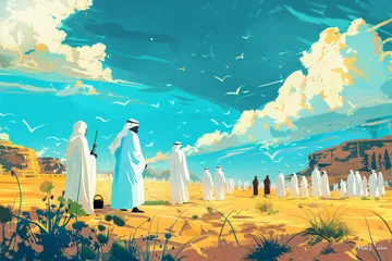 Wandcirkels tuinposter Stylized digital artwork of people in traditional white robes walking through a desert landscape with vibrant sky and flying birds. © Watie2781