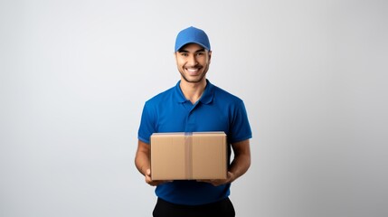 Delivery man employee in blue cap and blue uniform hold empty cardboard box