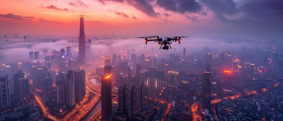 Urban drone, high angle, managing autonomous drone delivery, futuristic cityscape - obrazy, fototapety, plakaty