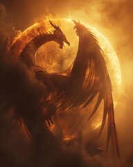 Solar eclipse through dragon wings, translucent scales, close range, eerie light