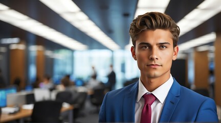 Fresh graduate young guy professional corporate office worker clerk on tech accounting law office background from Generative AI - obrazy, fototapety, plakaty
