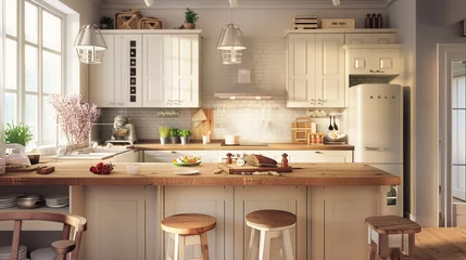 Fotobehang Embrace the warmth of a farmhouse-style kitchen with shaker cabinets, butcher block countertops, farmhouse sinks, and vintage-inspired fixtures for a welcoming and timeless aesthetic High detailed © Ajmal Ali 217