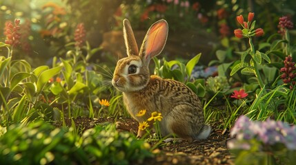 Fototapeta na wymiar Rabbit as a gardener, lush green garden, ground level, golden hour lightinglow noise