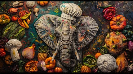 Elephant wearing a chef hat, bustling kitchen, birds-eye view, warm vibrant colorslow texture