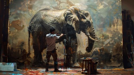 Elephant painter in a studio, natural light, wide angle, pastel palettelow texture - obrazy, fototapety, plakaty