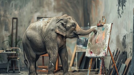 Elephant painter in a studio, natural light, wide angle, pastel palettelow texture
