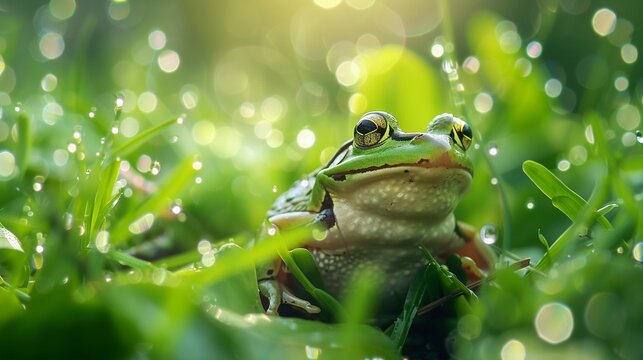 Frog gardener, lush green garden, morning dew, macro lens, saturated colorslow noise