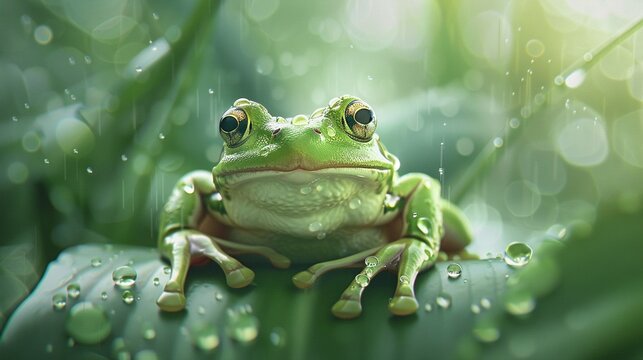 Frog gardener, lush green garden, morning dew, macro lens, saturated colorslow noise