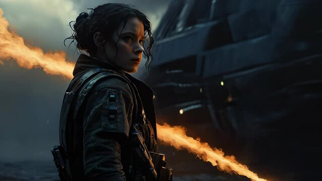 Amidst a devastated battlefield, a female warrior in armor stands with flames behind her, expression conveying strong resolve.
