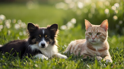 Relaxed Dog and Cat on Grass: Heartwarming scene of a cute dog and cat lying together on lush green grass, evoking feelings of nature and tranquility.