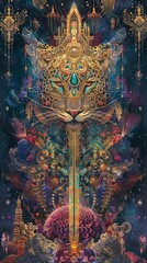 A golden dagger's warp teleports its wielder through patterned temples guarded by winged leopards amidst crystalline landscapes.