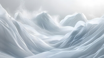 A close up of a white cloth resembling a mountain range under a grey cloudy sky. It looks like a frozen landscape painting with wind waves and patterns, creating an artful scene - obrazy, fototapety, plakaty