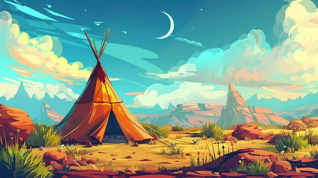 Traditional Indian tent under a clear evening sky, symbolizing serenity and adventure  Seamless looping 4k time-lapse virtual video animation background. Generated AI