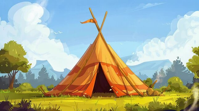 Sunlit Sanctuary: An Indian tent basking in the golden sunlight of a beautiful sunny day, surrounded by nature's tranqu  Seamless looping 4k time-lapse virtual video animation background. Generated AI
