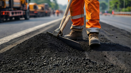 Road Construction Workers: Image capturing teamwork among road construction workers, laying tarmac and repairing road surfaces, emphasizing infrastructure development.