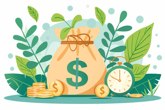A money bag with a clock symbolizes a time of investment, waiting for yield, return expectancy, loan, profit, banking deposit, flat cartoon illustration
