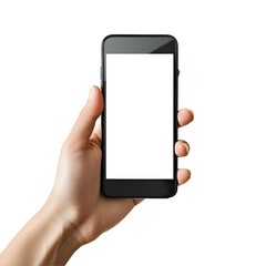 Hand holding a smartphone with white screen isolated on transparent background