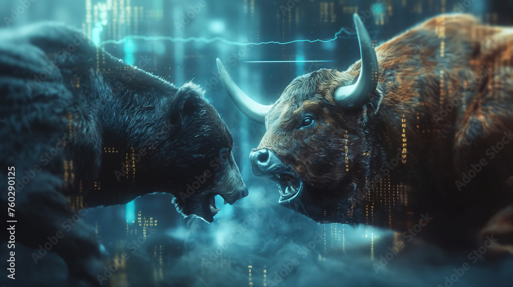 Wall mural Bear and bull with financial stock chart invest market illustration, bearish & bullish trading trends, business crypto, cryptocurrency