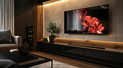 Incorporate innovative lighting features into your TV unit design to enhance ambiance and create a captivating focal point High detailed and high resolution smooth and high quality photo