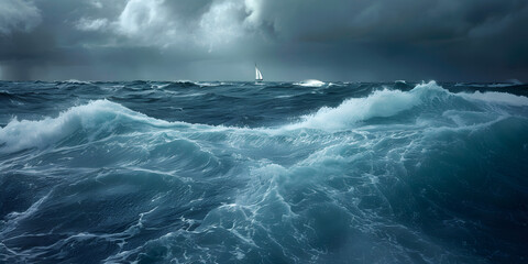 Mar agitado com um barco solitário
