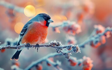 A Bullfinch Facing the Biting Chill, Positioned on a Frosted Branch