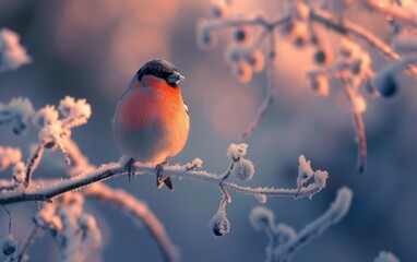 A Bullfinch in the Frigid Chill, Nestled on a Frosty Bough