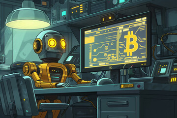 A robot trading cryptocurrency crypto market, artificial intelligence business concept, cartoon illustration