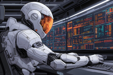 A robot trading cryptocurrency or forex on stock market, artificial intelligence business concept, cartoon illustration