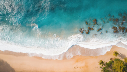 Aerial view of a paradise beach where the sea waves break on the shore. Top view of a beautiful sandy coast with turquoise blue water and white foam on sunny day. Summertime, traveling, vacation.