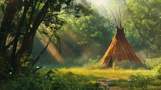 Enchanted hideaway: Indian tent nestled in a fantasy forest, bathed in the ethereal glow of soaring light Seamless looping 4k time-lapse virtual video animation background. Generated AI