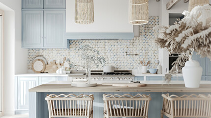 Infuse your kitchen with coastal vibes by incorporating soft blues, whites, and sandy tones, along with natural textures like rattan and seagrass for a fresh and airy feel high quality photo 