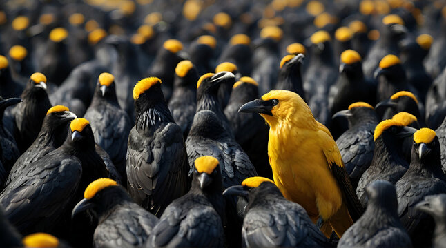 A yellow crow alone among a crowd of black crows, concept of standing out from the crowd as a leader, of being different and unique with its own identity and special skills among the. generative.ai