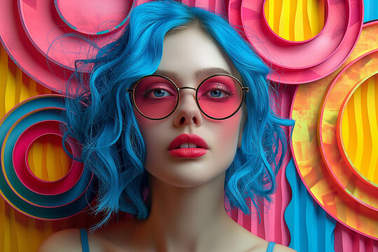 Abstract pop art collage of a beautiful woman on colorful paper background, female fashion model, young beautiful social media trendy style wearing sunglasses